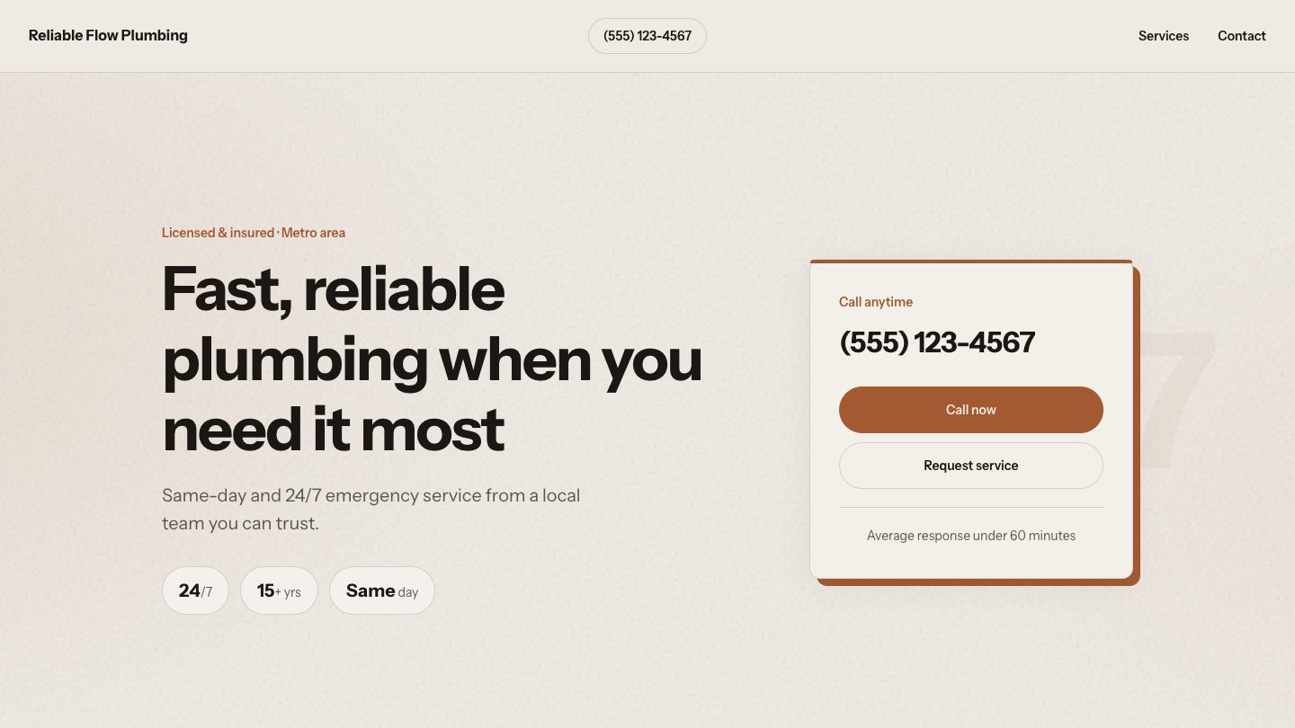 Reliable Flow Plumbing demo homepage preview